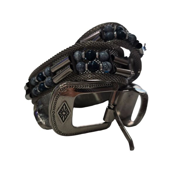 Handcrafted Silver Metal Mesh Belt With Ornate Buckle & Blue Beads Size M - Picture 9 of 12